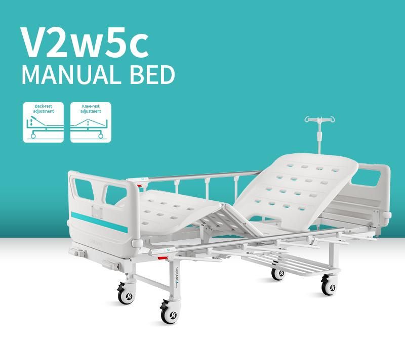 V2w5c Saikang Movable Stainless Steel Siderails 2 Cranks Multifunction Manual Clinic Hospital Bed with Wheels