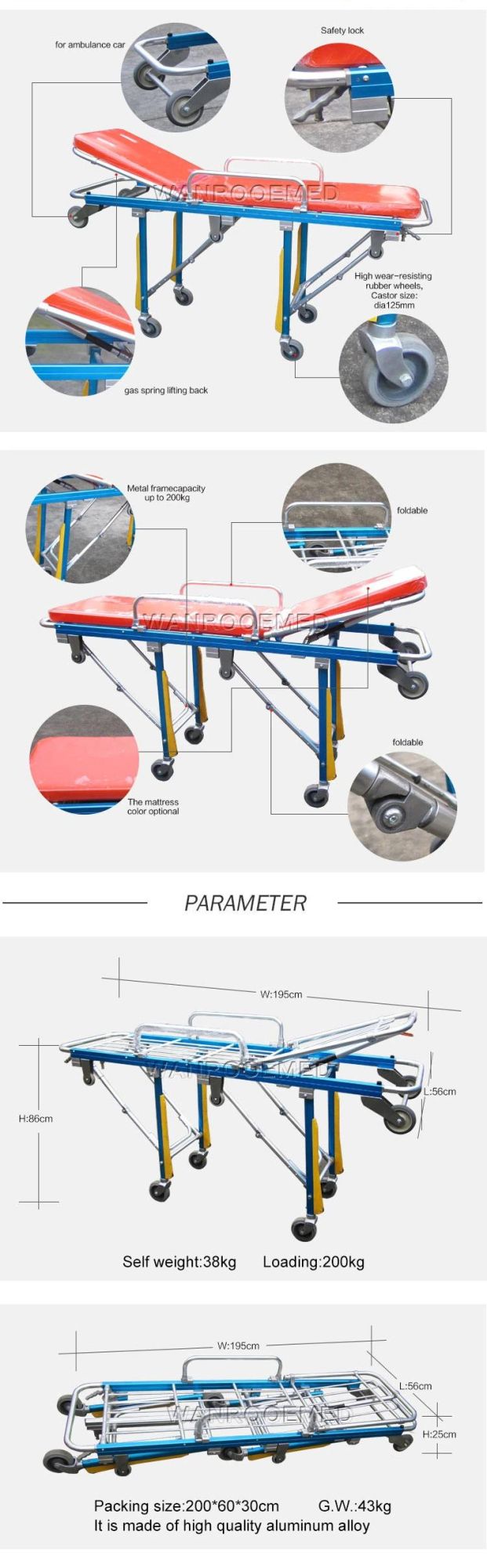 Ea-3A2 Medical Hospital Adjustable Aluminum Alloy Folding Emergency Ambulance Stretcher