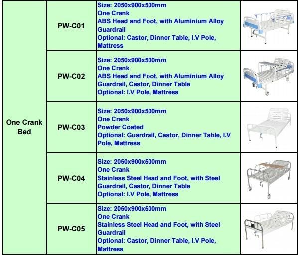 Hospital One Crank Bed with Guardrail, Castor, Dinner Table (PW-C04)