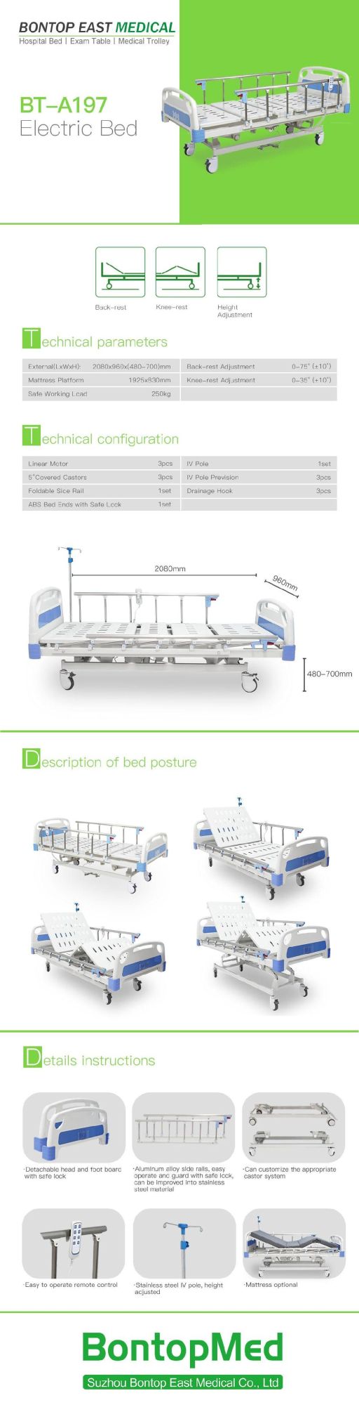 Three Function Electric Medical Bed Electrical Hospital ICU Bed