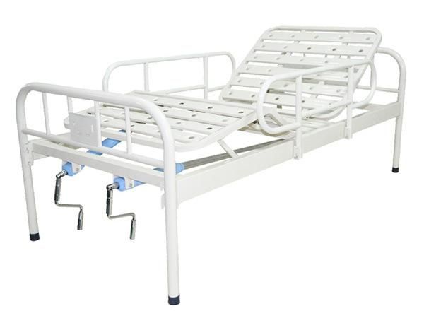 Powder Coated Hospital Bed, One or Two Crank Manual Patient Bed, Mattress, Castor, IV Pole, Dinner Table, Guardrail Optional (PW-B03)