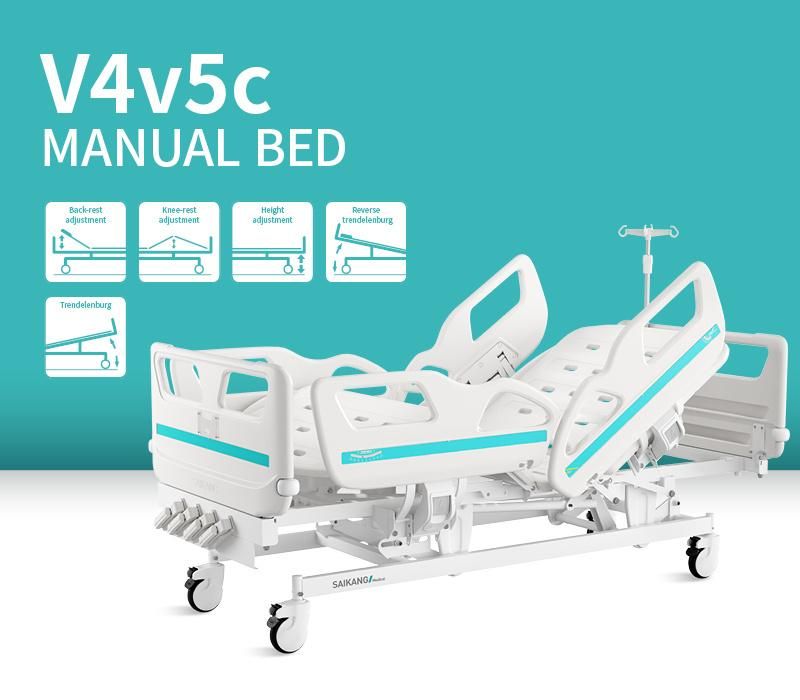 V4V5c Saikang Economic 4 Cranks ABS Plastic Siderails 5 Function Clinic Medical Manual Hospital Bed with Infusion Pole