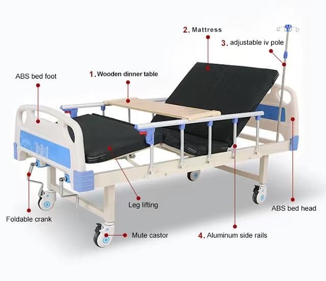 Cranks 2 Function Foldable Clinic Furniture Medical Nursing Patient Adjustable Manual Hospital Bed with Casters