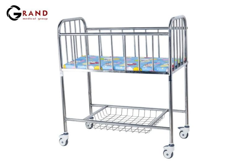 Hospital Medical Stainless Steel Frame Wheels with Cross Brake Portable Newborn Baby Trolley/Cart Cot Bed /Cribs/Bassinet