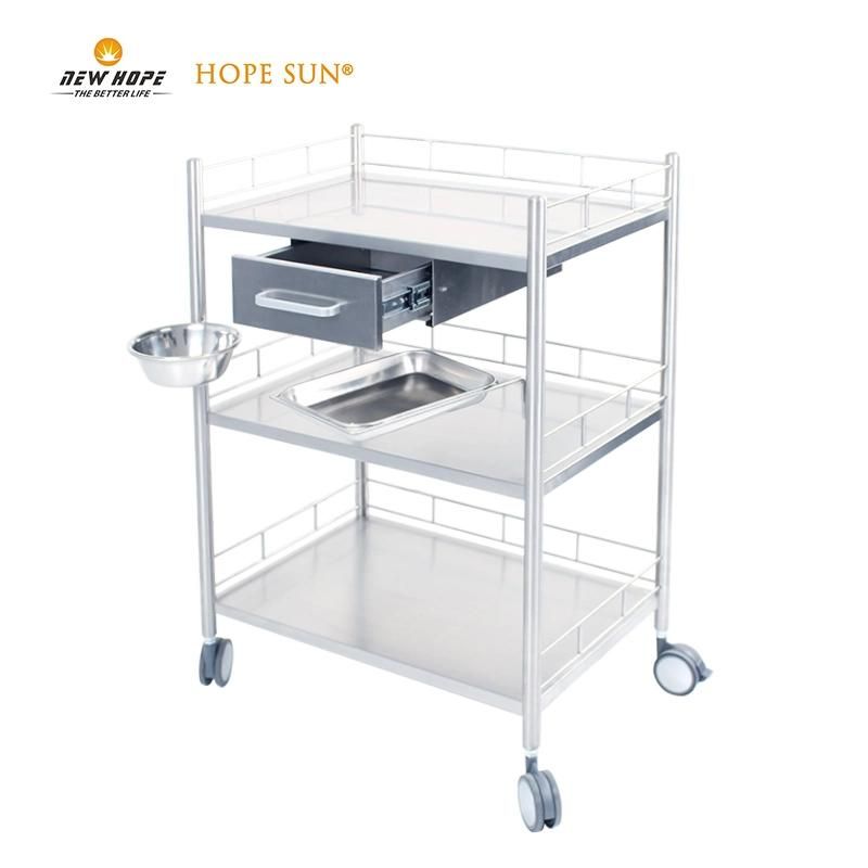 HS6165E Medical Hospital Equipment Inox SUS 304 Multi-Functional Instrument Surgical Dressing Trolley with Drawer, Basin and Sharps Container