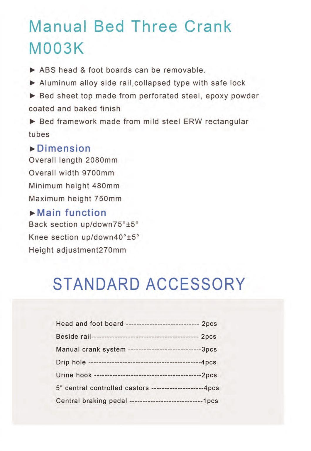 Promotional Hospital Manual 3 Cranks Hospital Bed for Bedridden Patients