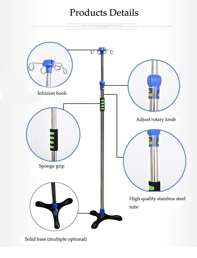 Medical Infusion Stand Manufacture Height Adjustment Stainless Steel Hospital IV Stand with Tray