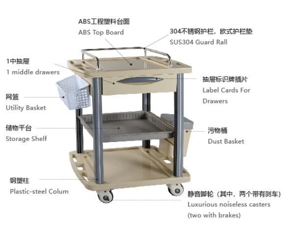 Medical Hospital Furniture ABS Medical Trolley for Hospital Usage Medicine Trolley Cart