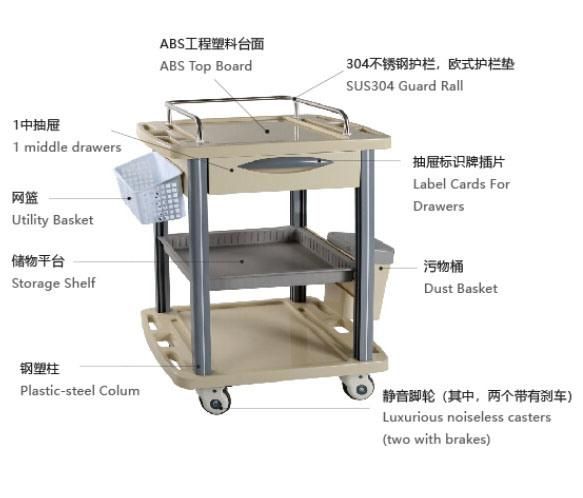 Luxurious Double-Side Tray Drawers Emergency Drug ABS Plastic Medicine Cart Mobile Surgery Trolley