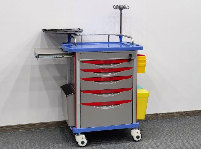 Cheap Hospital ABS Plastic Mobile Emergency Trolley Medical Resuscitation Crash Cart with 5 Drawers