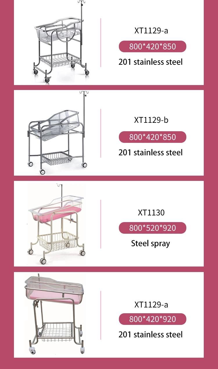 Hospital Medical Stainless Steel Frame Wheels with Cross Brake Portable Newborn Baby Trolley/Cart Cot Bed /Cribs/Bassinet