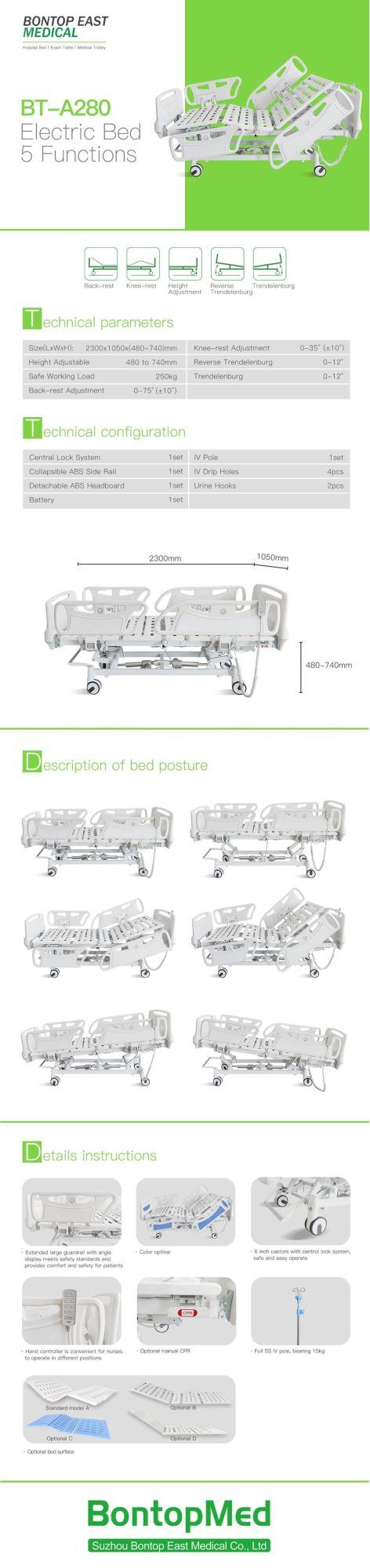 Folding ICU Room Five Functions Electric Bed Medical Hospital Equipment