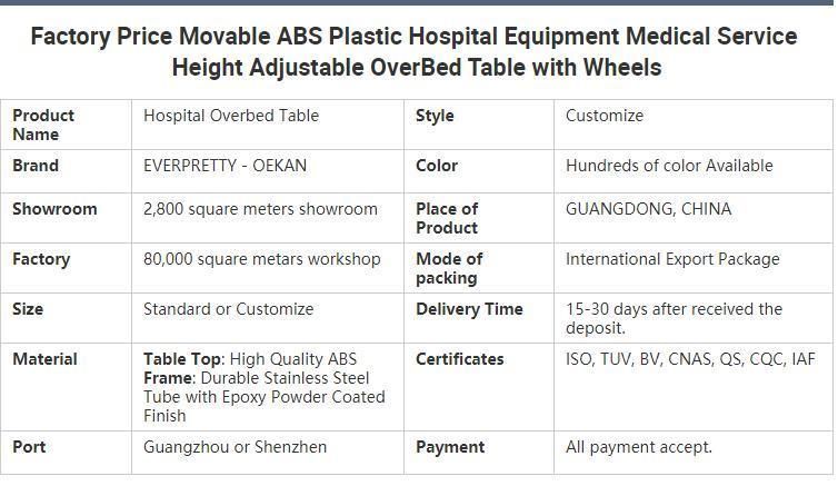 Factory Price Movable ABS Plastic Hospital Equipment Medical Service Height Adjustable Overbed Table with Wheels