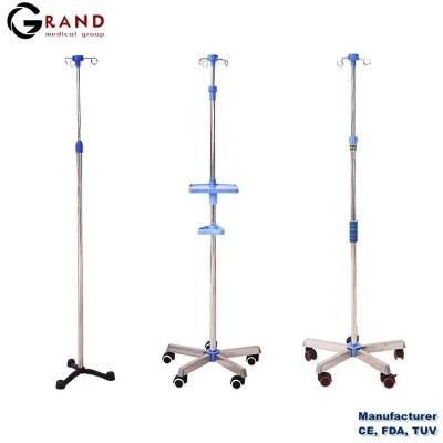 Hospital Furniture Transfusion Movable Stainless Steel Hook Adjustable IV Pole Infusion I. V. Stand