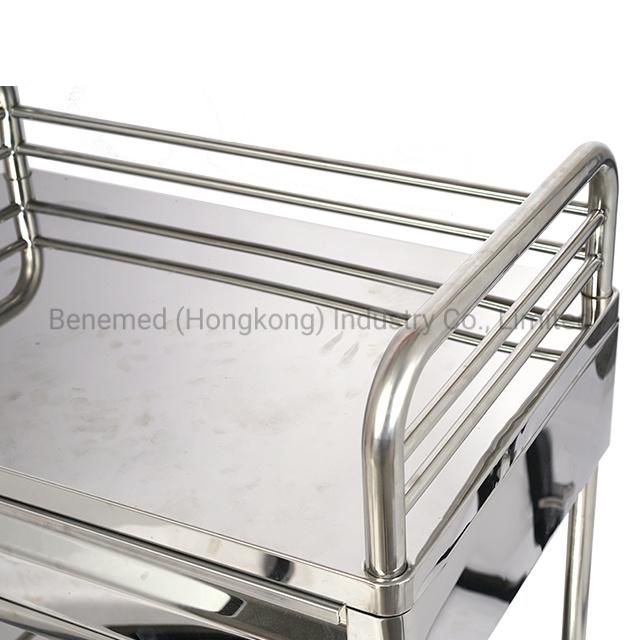 Two Layers with Drawer Stainless Steel Medical Mobile Trolley Cart