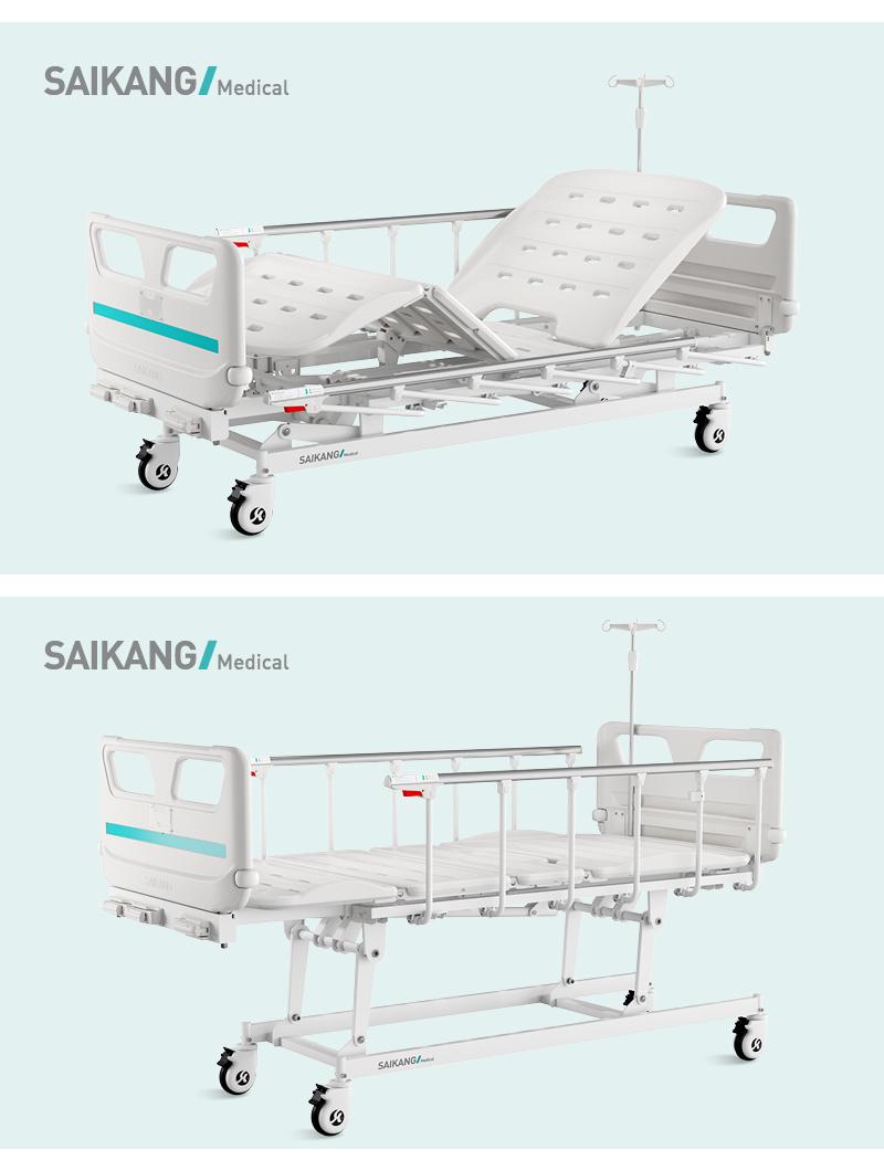 V3w5c Saikang Factory Movable 3 Cranks Multifunction Stainless Steel Siderails Medical Manual Hospital Bed with Infusion Pole