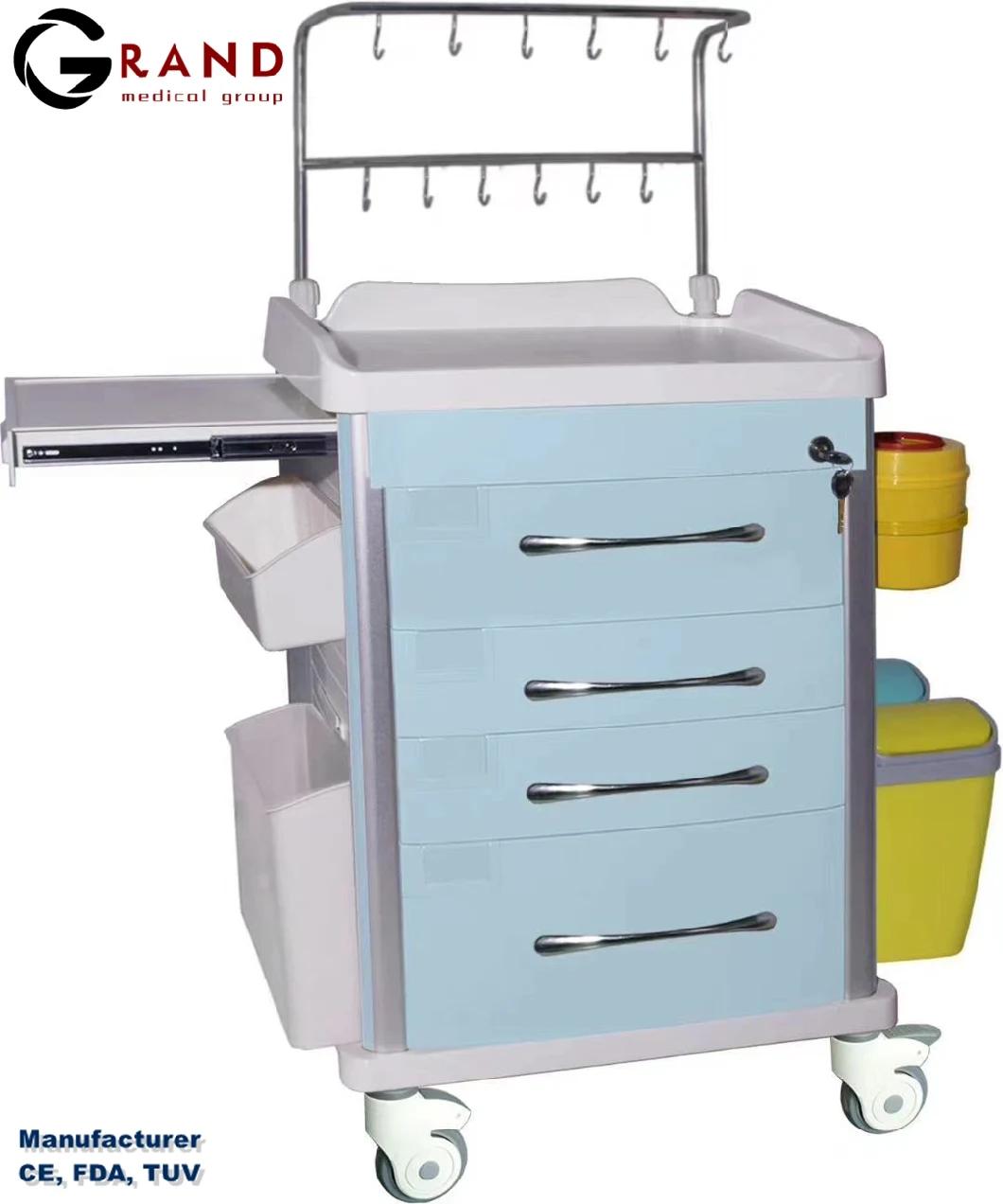 Hot Sale Medical Furniture ABS Hospital Emergency Trolley Cart with Drawer