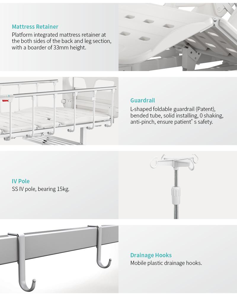 V2w5c Saikang Movable Stainless Steel Siderails 2 Cranks Multifunction Manual Clinic Hospital Bed with Wheels