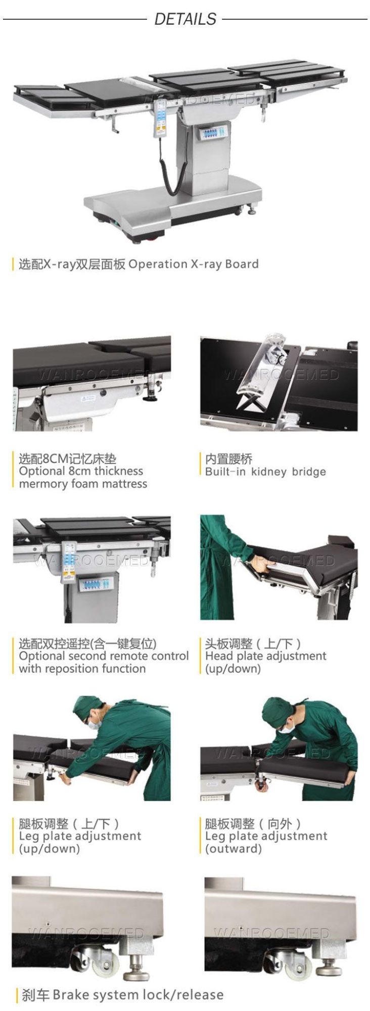 Aot700 Hospital Theatre Multi-Purpose Electrical Medical Hydraulic X-ray Operation Table with Waterproof Design