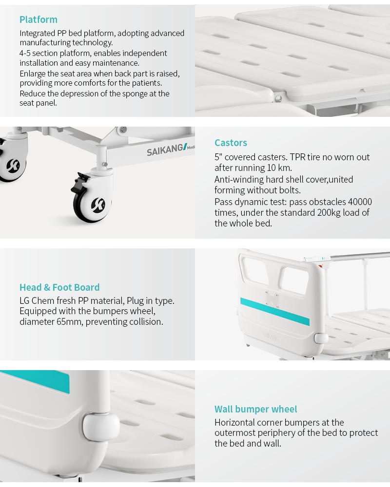 V3w5c Saikang Factory Movable 3 Cranks Multifunction Stainless Steel Siderails Medical Manual Hospital Bed with Infusion Pole