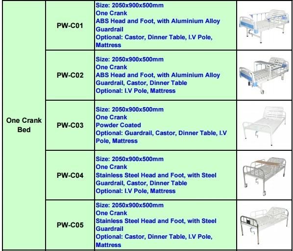 Hospital One Crank Bed with Guardrail, Castor, Dinner Table (PW-C02)