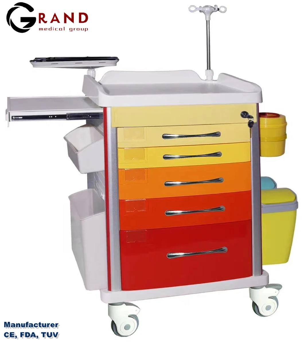 Hot Sale Medical Furniture ABS Hospital Emergency Trolley Cart with Drawer