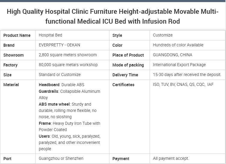 High Quality Hospital Clinic Furniture Height-Adjustable Movable Multi-Functional Medical ICU Bed with Infusion Rod