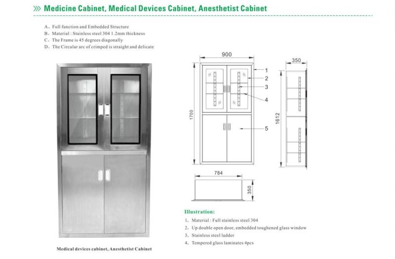 Yaning Hospital Clinic Furniture Stainless Steel Medical Instrument Cabinet