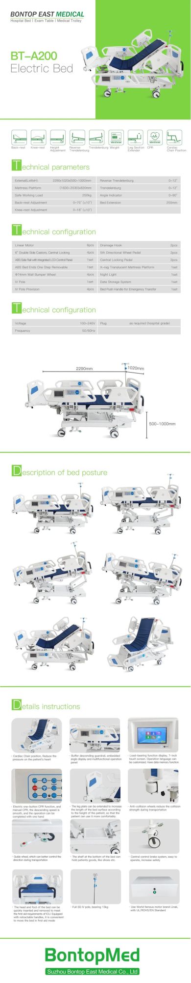Eight Function Five Functions Electric Folding ICU Medical Hospital Patient Nursing Bed