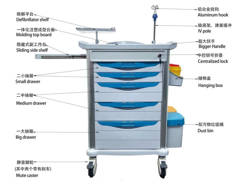 Hospital ABS Nursing China Manufacture for Medical Trolley with Drawers