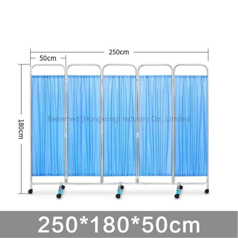 Hospital Furniture Stainless Steel 4 Foldings Mobile Patient Ward Screen with Panels