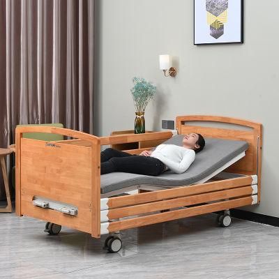 Hospital Furniture Medical Manual Back-Rest Patient Home Care Nursing Bed with Wooden Safety Guardrails