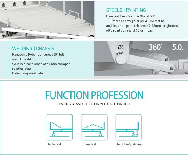 Y3w6c Stainless Steel Adjustable Metal Multifunction Manual Hospital Three Cranks Patient Medical ICU Bed with Folding Dining Table