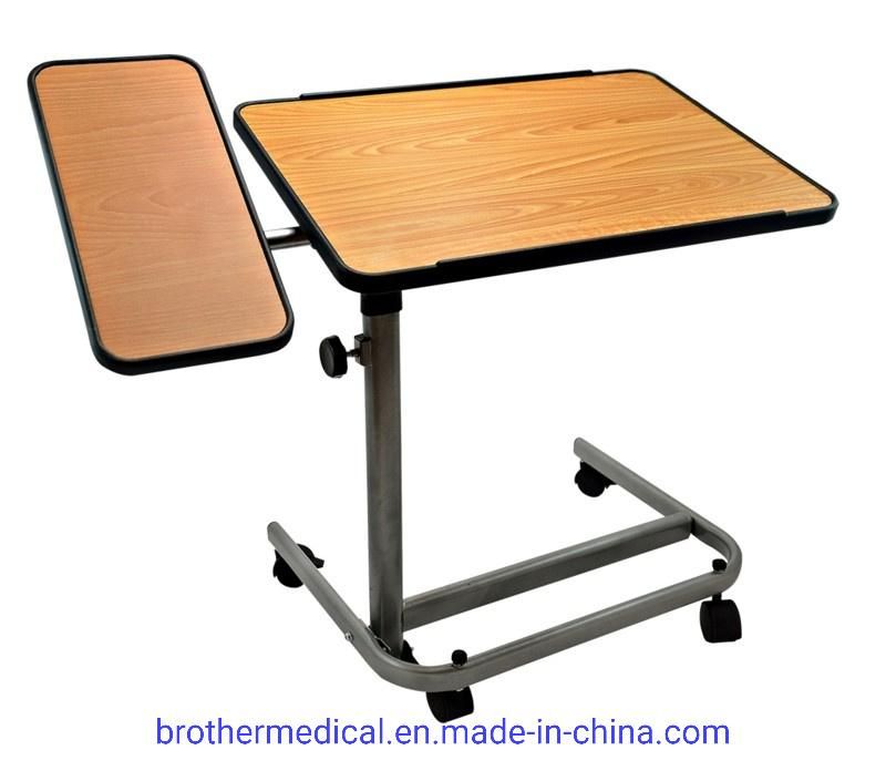 Hospital height adjustable movable folding wooden overbed dining table