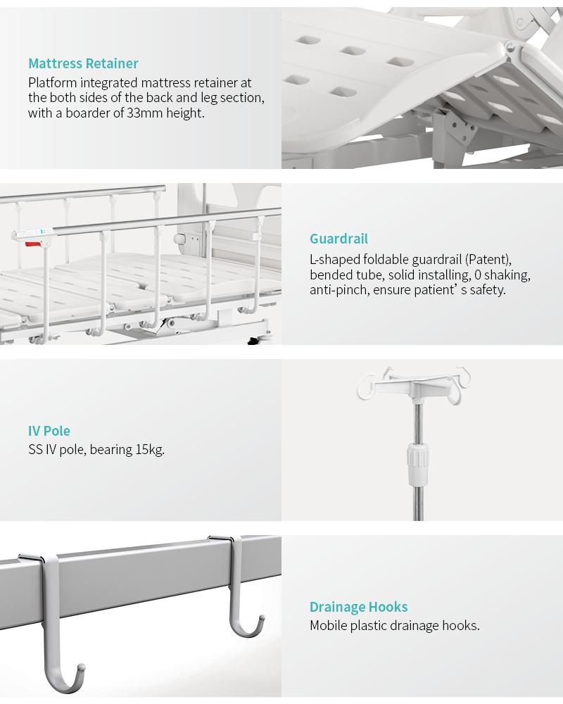 V3w5c Saikang Factory Movable 3 Cranks Multifunction Stainless Steel Siderails Medical Manual Hospital Bed with Infusion Pole