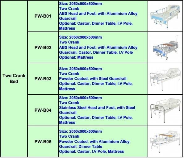 Hospital Powder Coated Bed with Guardrail, Dinner Table, Two Crank (PW-B05)