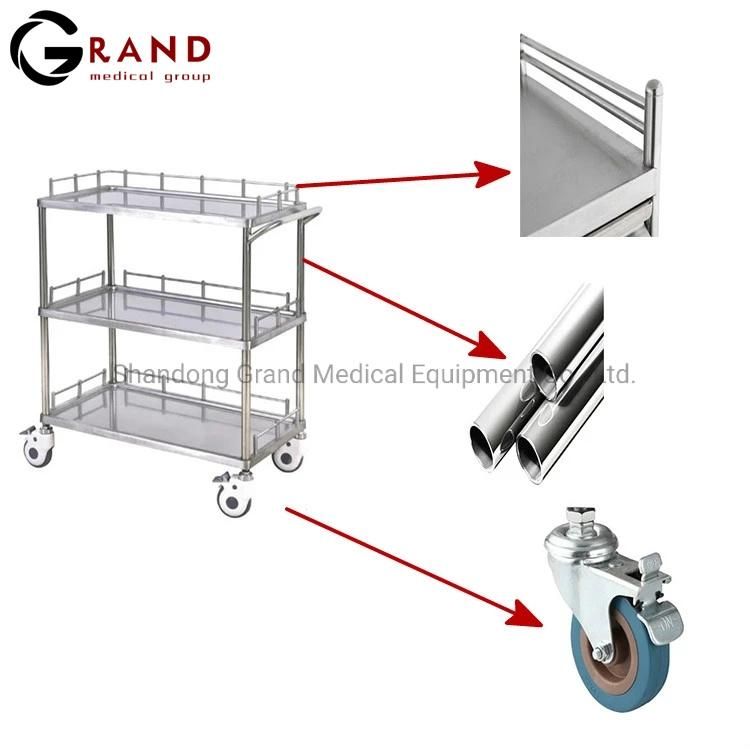 High Quality International Standard 304 Stainless Steel Medical Hospital Instrument Trolley with Brushed Stainless Steel Plate