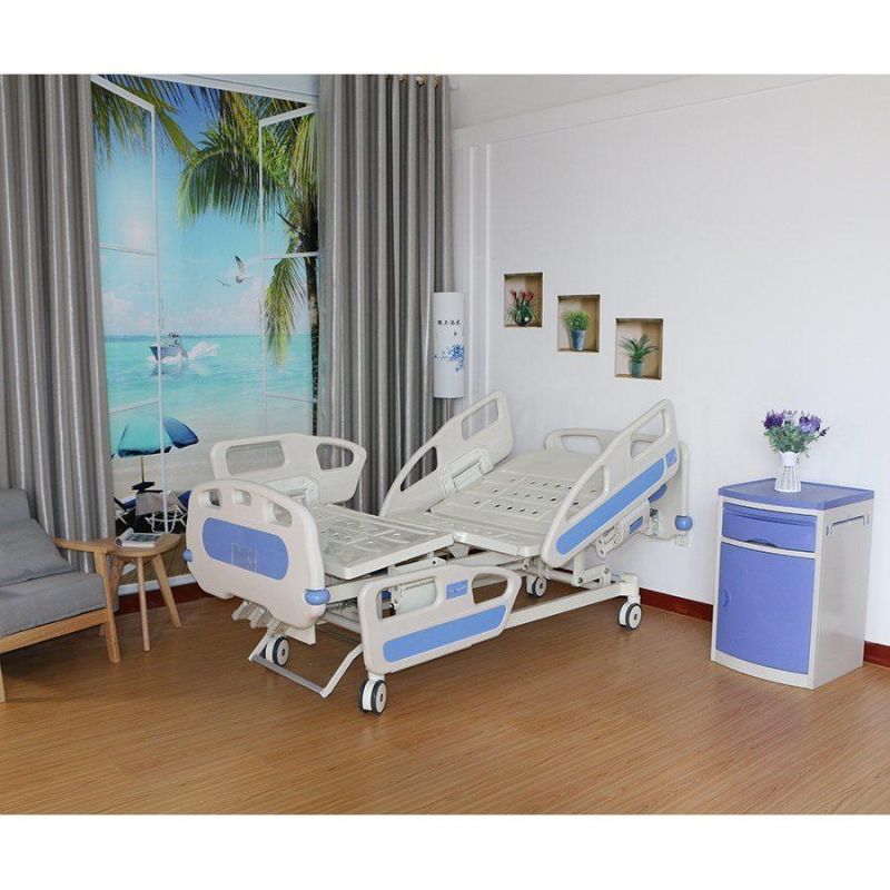 Factory Wholesale ABS Crank Hospital Bed with Shelving and IV Stand Hot Selling in Russian