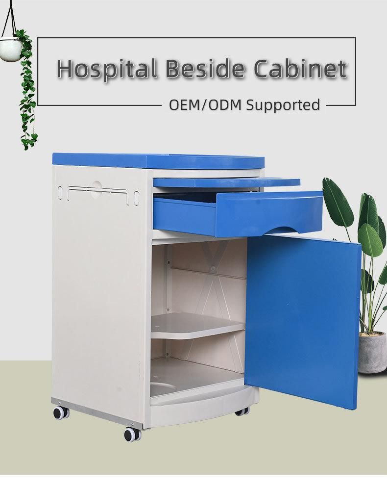 Hospital Furniture ABS Mobile Patient Bedside Storage Cabinet with Table Beside Cabinet with Wheels and Extended Dining Table