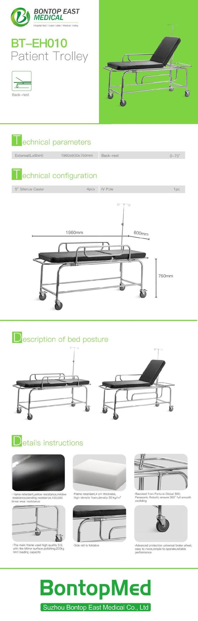 Stainless Steel Adjust Manual Operating Emergency Medical Transport Patient Trolley