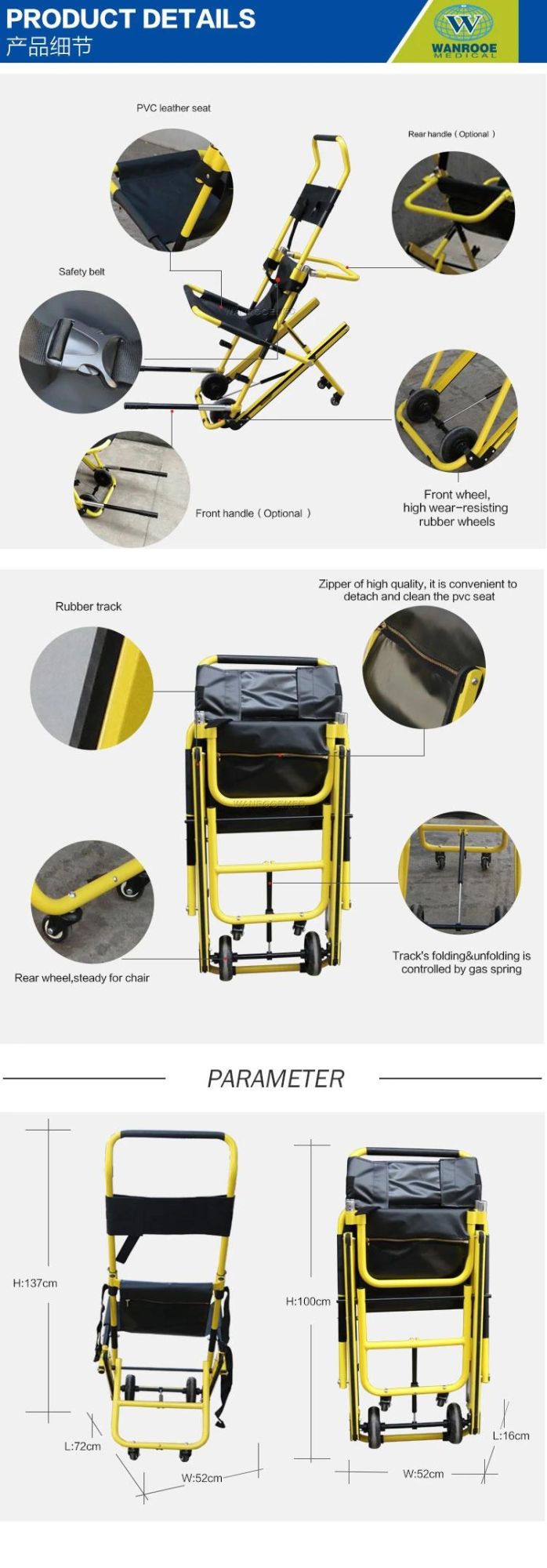 Ea-6g Medical Aluminum Alloy Evacuation Manual Folding Portable Stair Climbing Wheel Chair