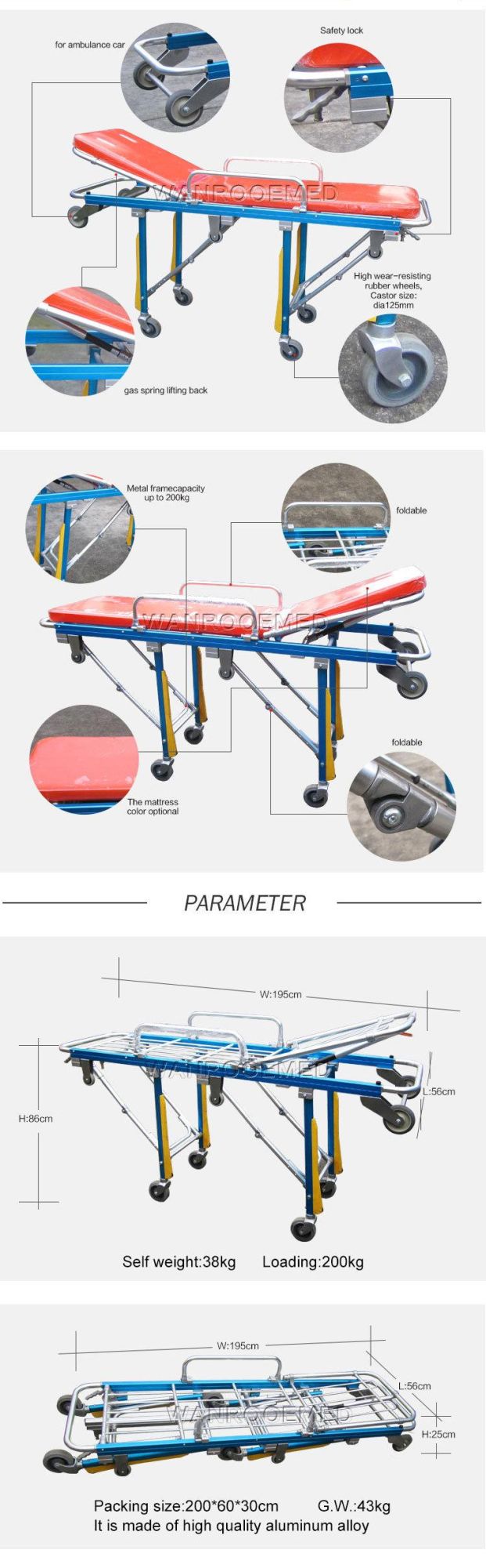 Ea-3A2 Hospital Manual Portable First Aid Folding Patient Transport Ambulance Stretcher