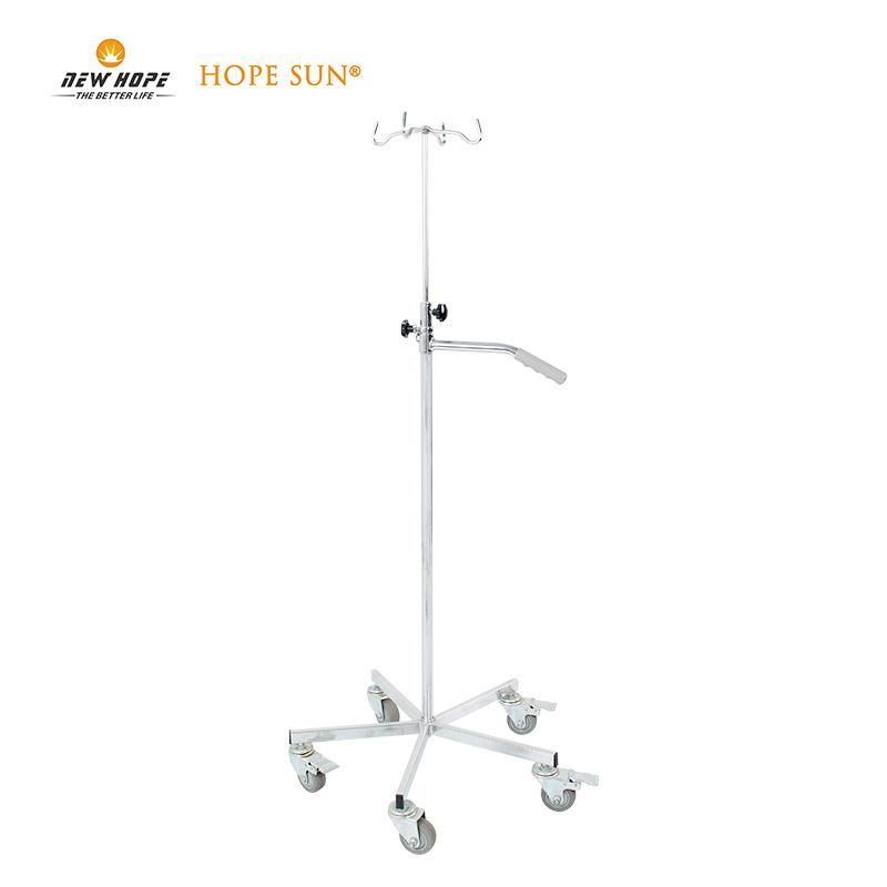 HS5817 Four 4 Hooks Adjustable Stainless Steel Hospital Furniture Infusion IV Serum Pole with a Handle