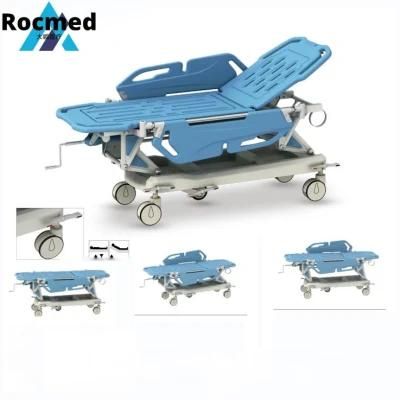 Backrest Adjustable Hospital Manual Transfer Trolley with Mattress and IV Pole