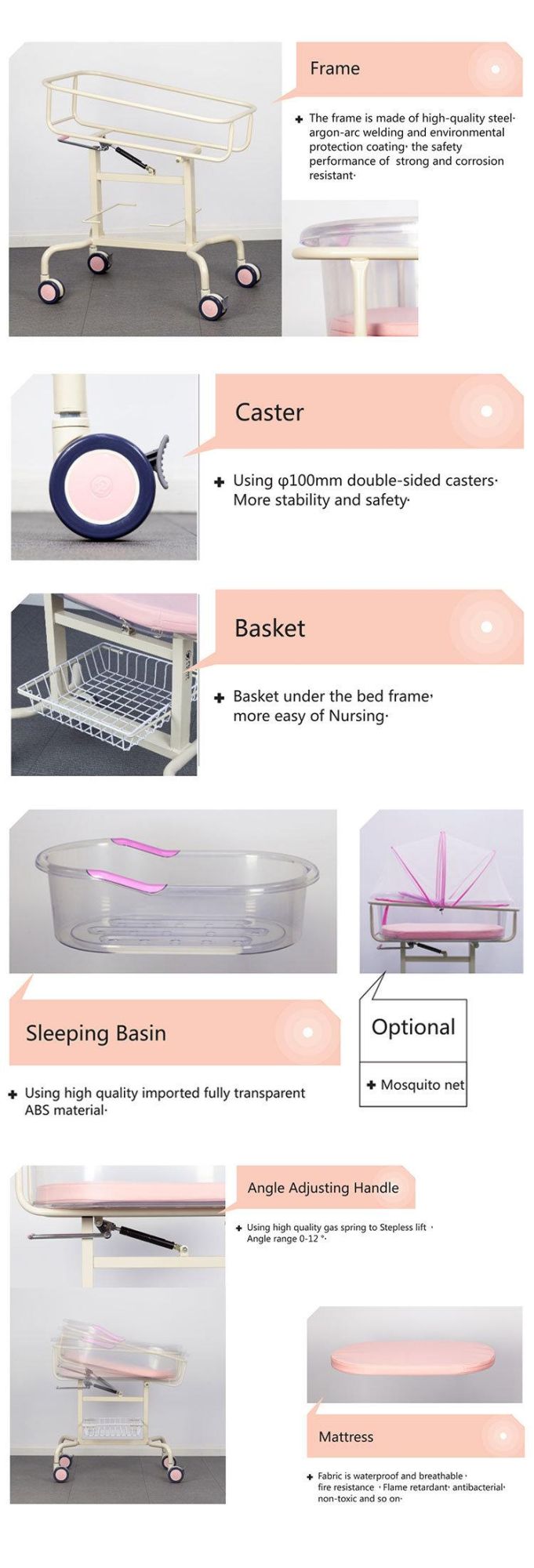 Hospital Furniture ABS Movable Nursing Pediatric Infant Newborn Baby Crib Bed