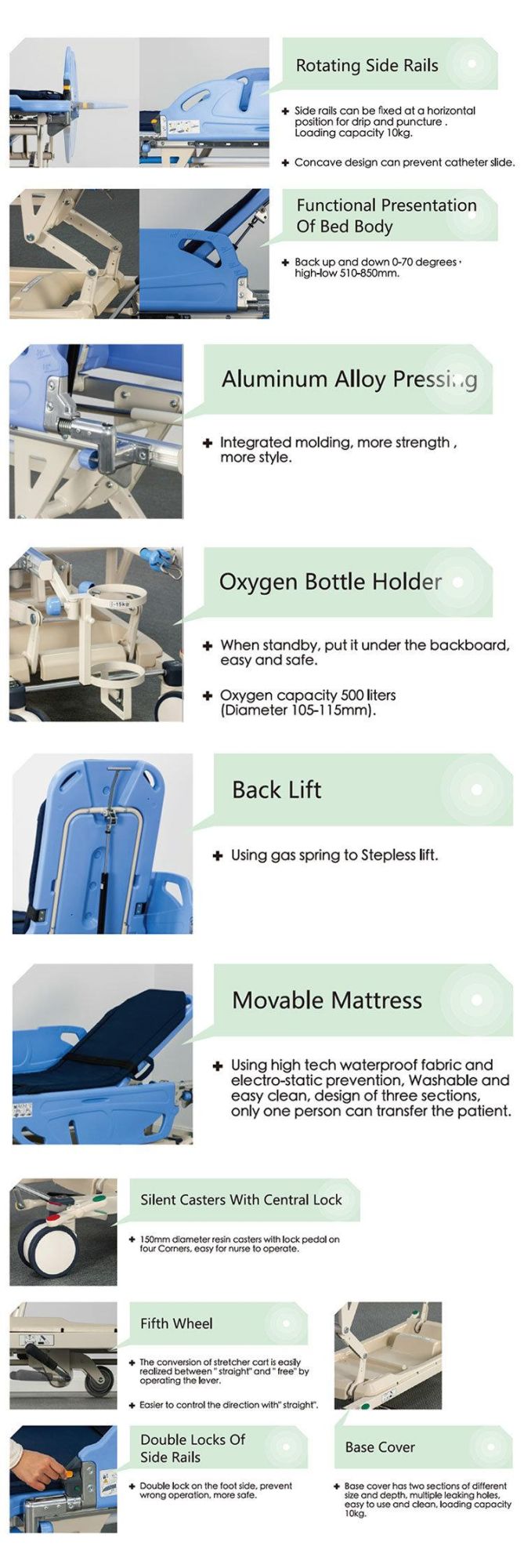 Bd111-3 Emergency Adjustable ABS Manual Hospital Medical Patient Transport Stretcher Crash Cart Trolley