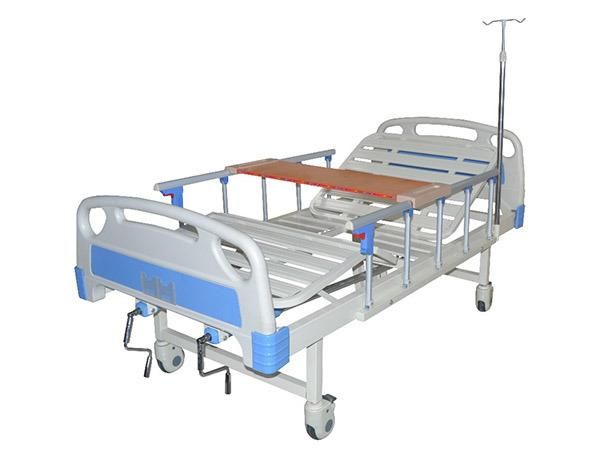 ICU ABS Hospital Bed, One or Two Crank Manual Patient Bed, Mattress, Castor, IV Pole, Dinner Table, Guardrail Optional (PW-B02)