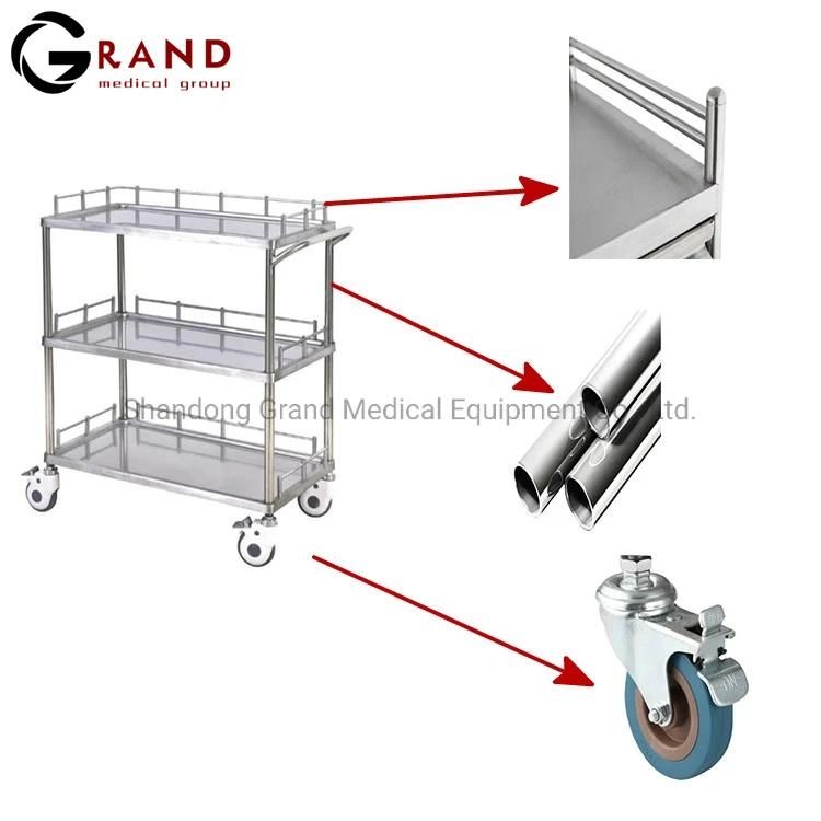 High Quality 304 Stainless Steel International Standard Medical Hospital Cart Instrument Trolley with Brushed Stainless Steel Plate