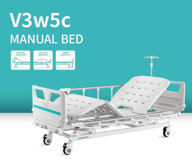 V3w5c Saikang Factory Movable 3 Cranks Multifunction Stainless Steel Siderails Medical Manual Hospital Bed with Infusion Pole