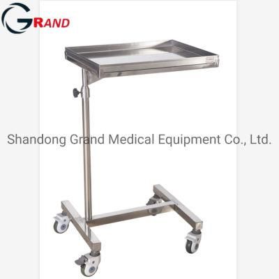 Hospital Equipment Stainless Steel Square Tray Support with Single Rod Medical Mayo Trolley Adjustable Over Bed Table